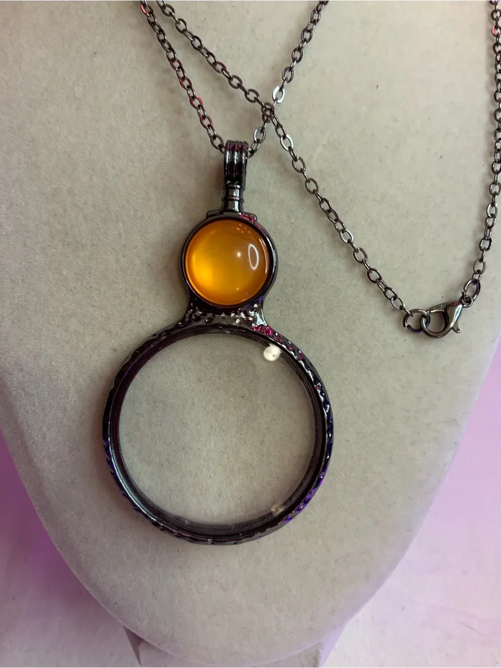 Large Orange and Silver Tone Magnifying Glass 30” Necklace (Z-15)